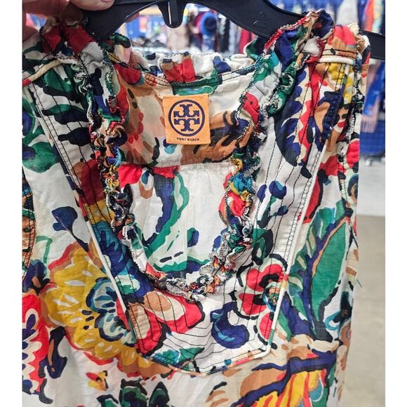 Tory Burch Floral Sleeveless Top Blouse, Ruffled V Neck, Lightweight, Boho, Sz 6 - Picture 6 of 10